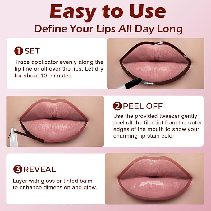 Lip Liner Stain Peel Off with Tweezer, Long Lasting Matte Lip Tattoo, Highly Pigmented Color Lip Makeup, Waterproof, Transfer-proof Lipstain for Women, COCOA