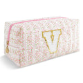 Personalized Quilted Cosmetic Bag, Puffy Monogrammed Christmas Birthday Gifts for Women & Girls, Cute initial Floral Makeup Bag Puffer Coquette Bag, Aesthetic Travel Toiletry Zipper Pouch(Pink,V)