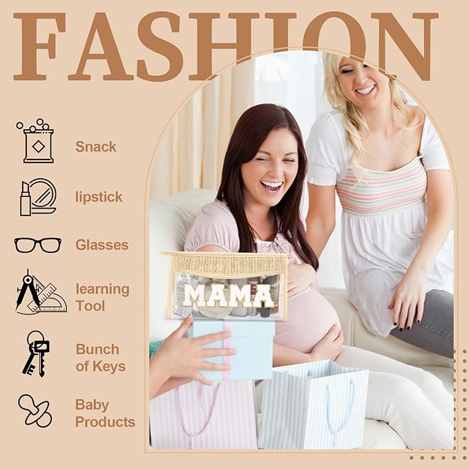 Small Boho Straw Clear Mama Makeup Bags for Women&Girls, Zipper Cosmetic Bag Chenille Varsity Letter Patch Bag, Preppy Cute Toiletry Pouch, Trendy Organizer Storage Bag for Beach Travel Essentials