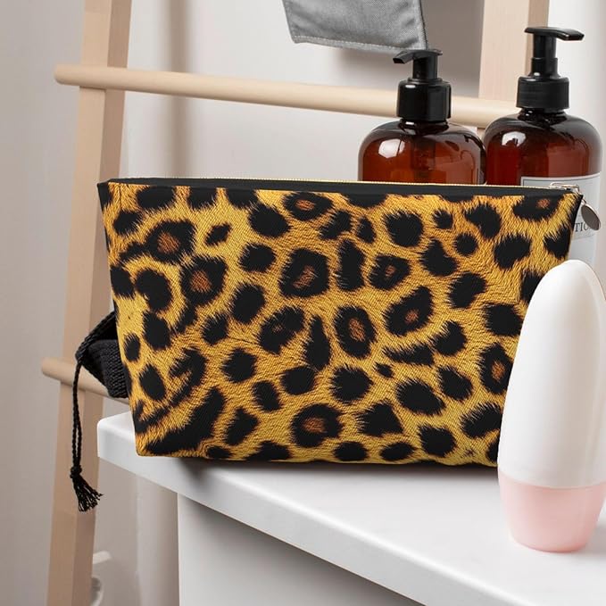 Womens Leather Makeup Bag Cosmetic Bag Travel Toiletry Bags Make Up Bags for Women Adult (Leopard Pattern)