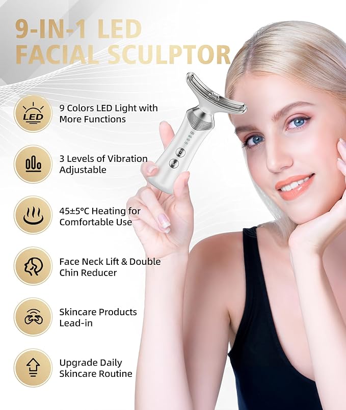 9-in-1 Red-Light-Therapy-for-Face-and-Neck, Portable Facial Massager Tool with Adjustable Vibration & Thermals for Wrinkles, Double Chin, White