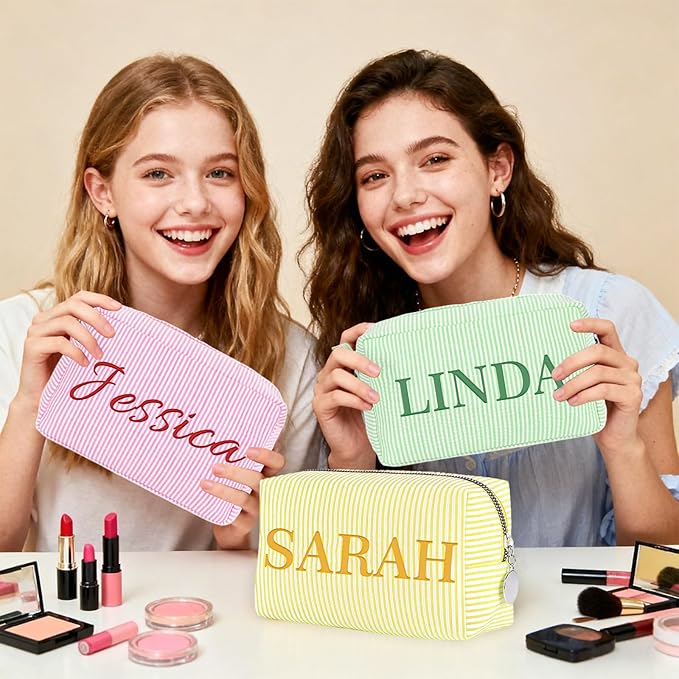Personalized Makeup Bag with Embroidered Name,Custom Travel Toiletry Stripe Cosmetic Bag, Wedding Gift for Bridesmaid/Women/Girl