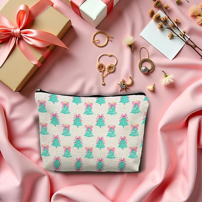Coquette Pink Bow Christmas Tree Makeup Bag, Preppy Mint Green Christmas Tree Cosmetic Bags Gifts for Women, Girly Xmas Portable Travel Toiletry Bag Zipper Makeup Pouch