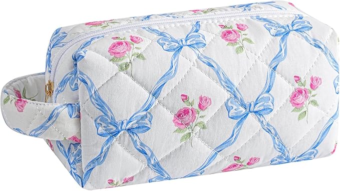Makeup Bag Travel Cosmetic Bag for Women, Zipper Make Up Pouch, Floral Flowers Toiletry Organizer Makeup with Handle, Cosmetic Travel Cloth Bag (Blue Bowknot)