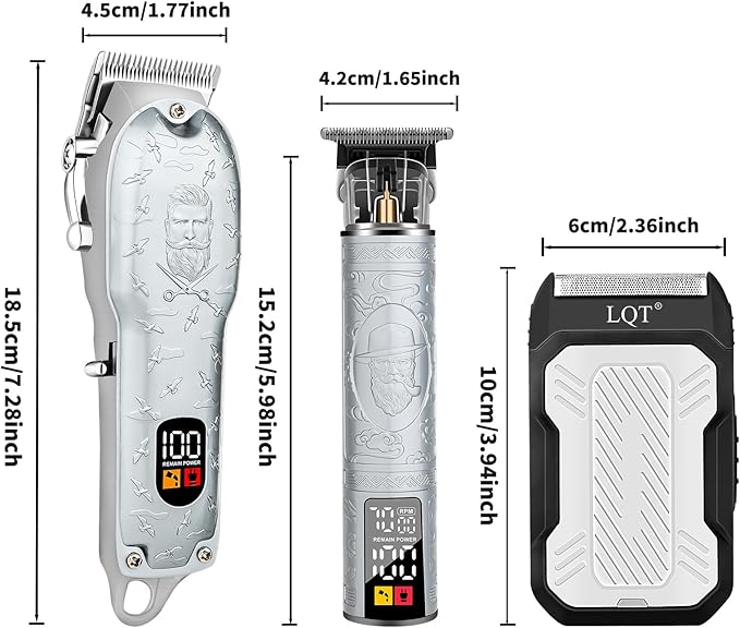 Professional Silver Hair Clippers for Men Cordless Barber Kit with Trimmer, Stainless Steel Blades, Adjustable Lever, LED Display, Type-C Charging Grooming Set Gifts,Ideal for Home Baber & Travel