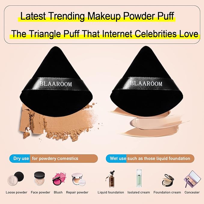 BLAAROOM 12 Pieces Powder Puff Face Makeup Puff, Velour Triangle Powder Puffs for Loose Powder Soft Cosmetic Foundation Sponges Wedge Shape Beauty Makeup Tools - Black