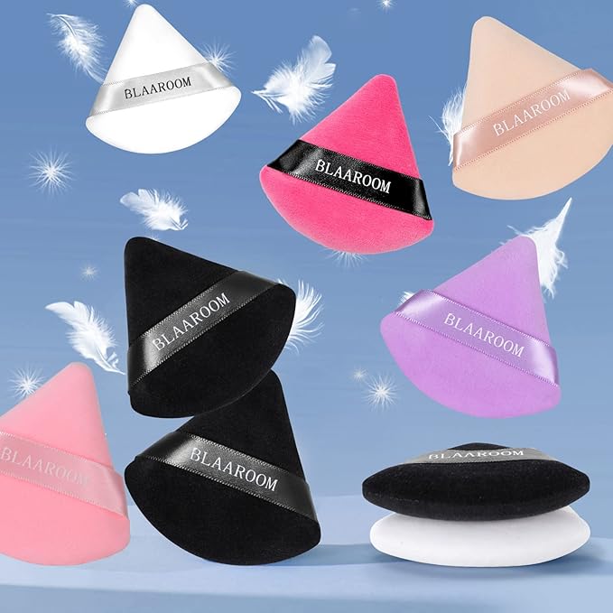 BLAAROOM 12 Pieces Velour Pure Cotton Powder Puff Face Makeup Triangle Powder Puffs for Loose Powder Wet Dry Cosmetic Foundation Beauty Sponge Makeup Tools -Black & Nude