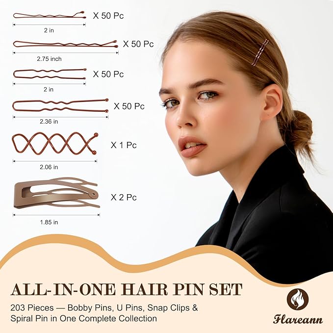 Bobby Pins Set Brown – Hair Kit with U Shape Pins, Spiral Pin & Snap Clips, for Women & Girls, Ideal for Buns, Updos, Weddings & Parties