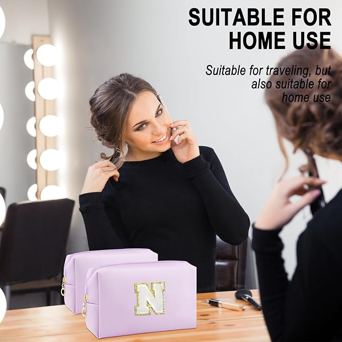 Gifts for Girls Initial Makeup Bag Personalized Cosmetic Bag with Zipper Cute Travel Toiletry Bag Waterproof PU Preppy Makeup Pouch Birthday Gift for Teen Girls Women(Purple N)