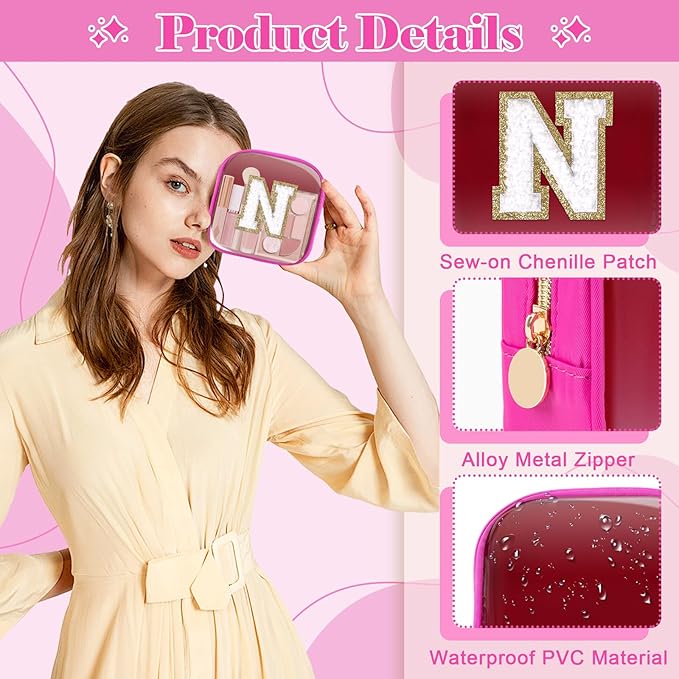 Personalized Initial Letter Clear Preppy Makeup Bag,Mini Nylon Chenille Letter Cosmetic Bag Cute Zipper Pouch Coin Purse for Teen Girls,Portable TSA Approved Travel Essentials Bag Gift for Women,N