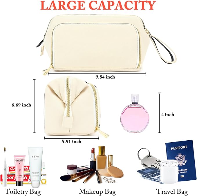 Travel Makeup Bag, Wide-open Cosmetic Bag Make Up Organizer Case with Brushes Pocket for Women, Large Family Toiletry Bag Skincare Pouch for Toiletries Accessories