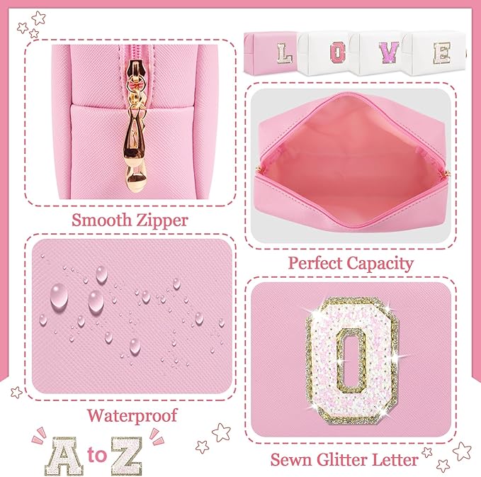 Personalized Initial Letter Makeup Bag, Small Glitter Letter Patch Cosmetic Pouch Zipper, Preppy Makeup Organizer PU Waterproof Travel Toiletry Bag, Monogrammed Birthday Gift for Women Girls