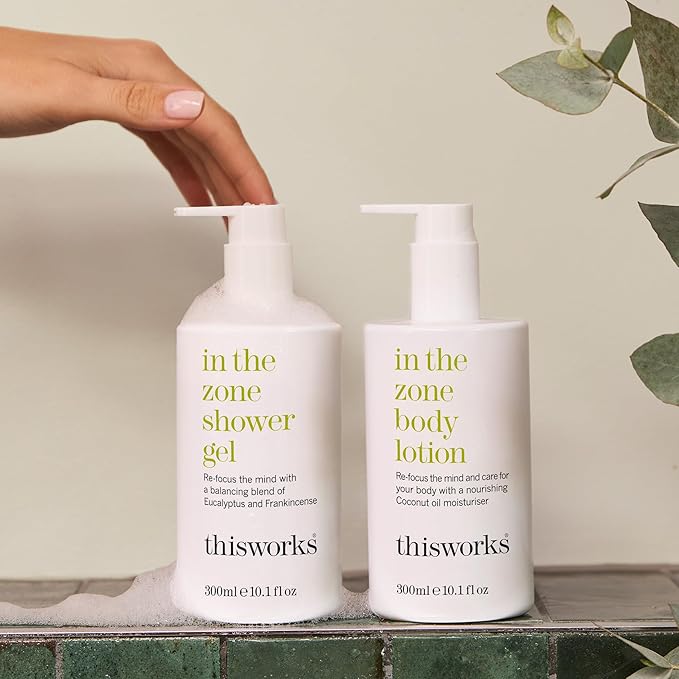 THISWORKS In The Zone Set – Shower Gel 300ml & Body Lotion 300ml – Balancing Bodycare with Coconut Oil, Glycerin, Eucalyptus & Frankincense to Cleanse, Nourish & Refocus the Mind