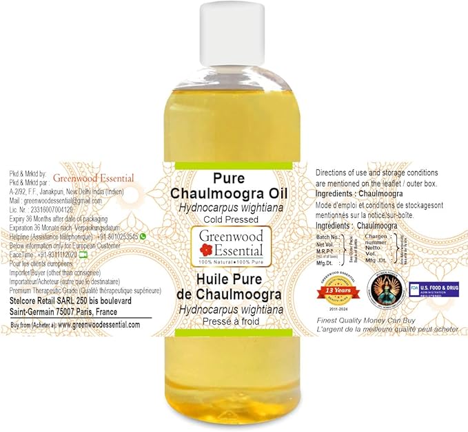 Greenwood Essential Pure Chaulmoogra Oil (Hydnocarpus wightiana) 100% Natural Therapeutic Grade Cold Pressed for Personal Care 200ml (6.76 oz)