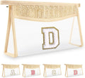 Personalized Initial Letter Bag Boho Straw Clear Makeup Bag,Small Cute Chenille Varsity Letter Bag With Zipper,Beach Travel Toiletry Bag,Portable Monogrammed Cosmetic Bag for Women Girls,D
