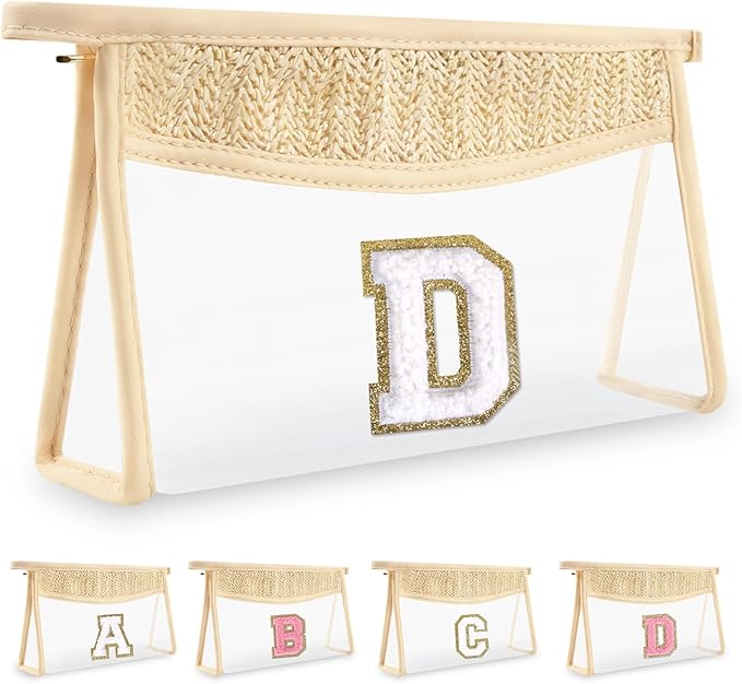 Personalized Initial Letter Bag Boho Straw Clear Makeup Bag,Small Cute Chenille Varsity Letter Bag With Zipper,Beach Travel Toiletry Bag,Portable Monogrammed Cosmetic Bag for Women Girls,D