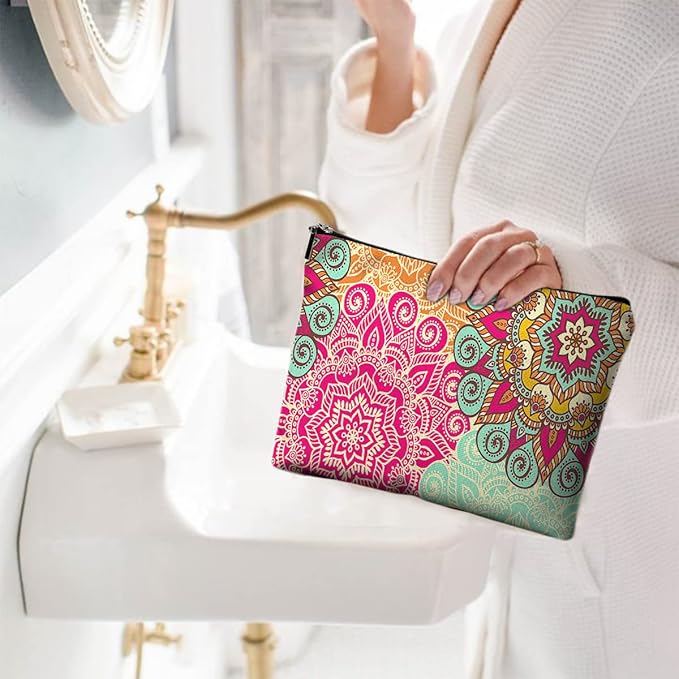 Cute Makeup Bag for Purse Canvas Waterproof Funny Cosmetic Bags for Women Zipper Travel Toiletry Pouch-Boho Flower Makeup Bags