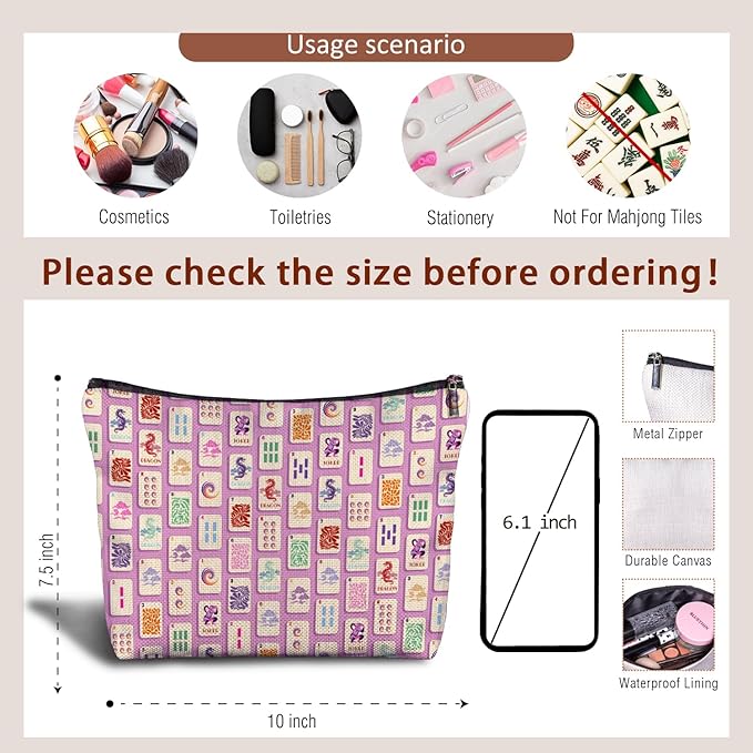 Pink And Cute Mahjong Tiles Makeup Bag, Mahjong Gifts for Women Cosmetic Bags, Gifts for Mah Jong Players Lovers Makeup Zipper Pouch