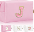 Personalized Initial Letter Patch Makeup Bag, Preppy Small Chenille Cosmetic Bag with Zipper, PU Leather Waterproof Travel Toiletry Bag Monogram Make Up Pouch for Women Girls