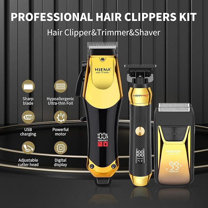 HIENA PRO Professional Cordless Hair Clippers for Men, T-Blade Beard Trimmer & Foil Shaver Set, Rechargeable Barber Clipper Kit and Hair Cutting Set, Facial Grooming Kit with LED Display