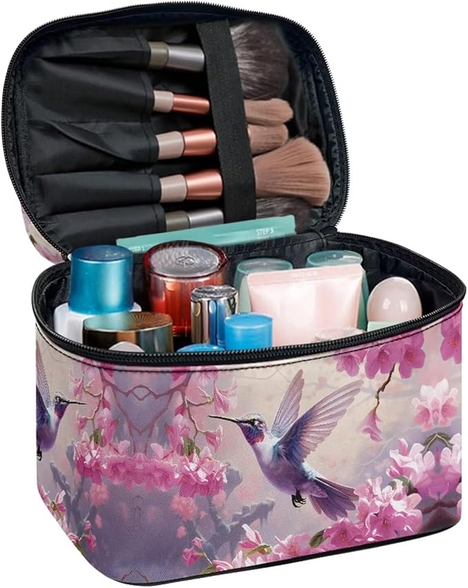 JoyLamoria Cosmetic Bag Toiletry Bag Zipper Closure Makeup Bag Travel Case, Cherry Blossoms Bird