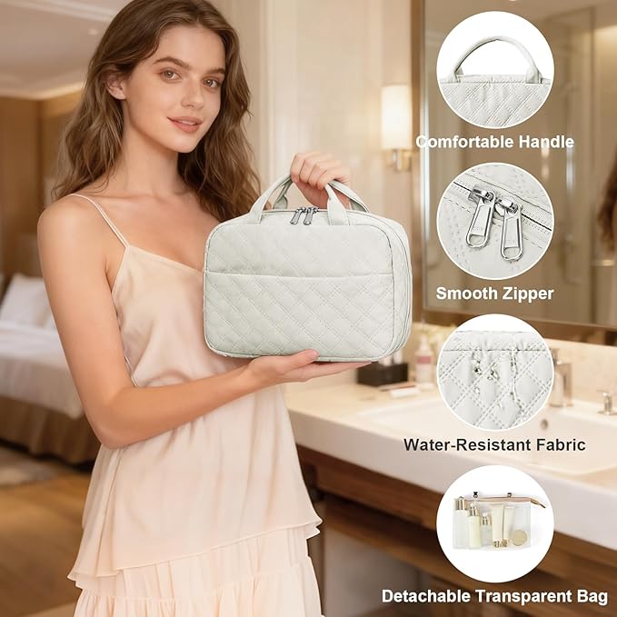 Travel Toiletry Bag For Women Small Hanging Toiletry Travel Makeup Bag lightweight Water-Resistant Toiletries Organizer case portable Cosmetic Bags For Women Beige