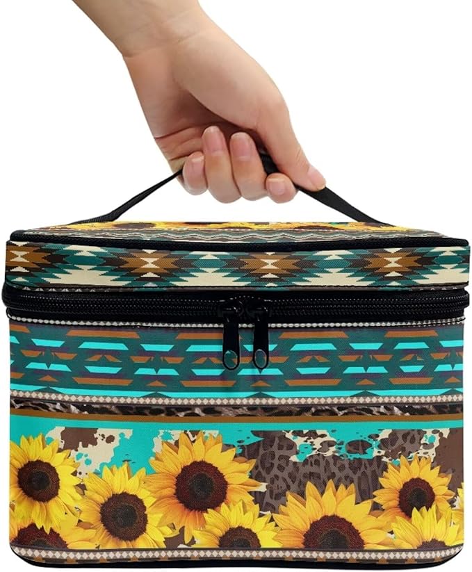 Western Aztec Sunflower Makeup Bag for Women Ladies Classic Cheetah Leopard Pattern Portable Cosmetic Bag with Zipper and Carry Handle Make Up Tote Bags Boho Tribal Toiletry Case Organizer