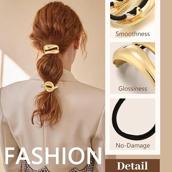 3PCS Gold Hair Ties for Women, Stretchy Metal Hair Ties for Thick Hair, Non-Damage Gold Ponytail Cuff Holders, Elegant Geometric Hair Accessories for Women, 3 Styles in Box Holiday Christmas Gifts