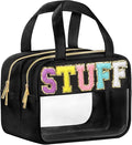 Chenille Letter Clear Makeup Bags, Stuff Bag for Travel, Preppy Patch Nylon Cosmetic Bag with Handles and Zipper, Waterproof Large Clear Travel Toiletry Bag Storage Bag for Women Black