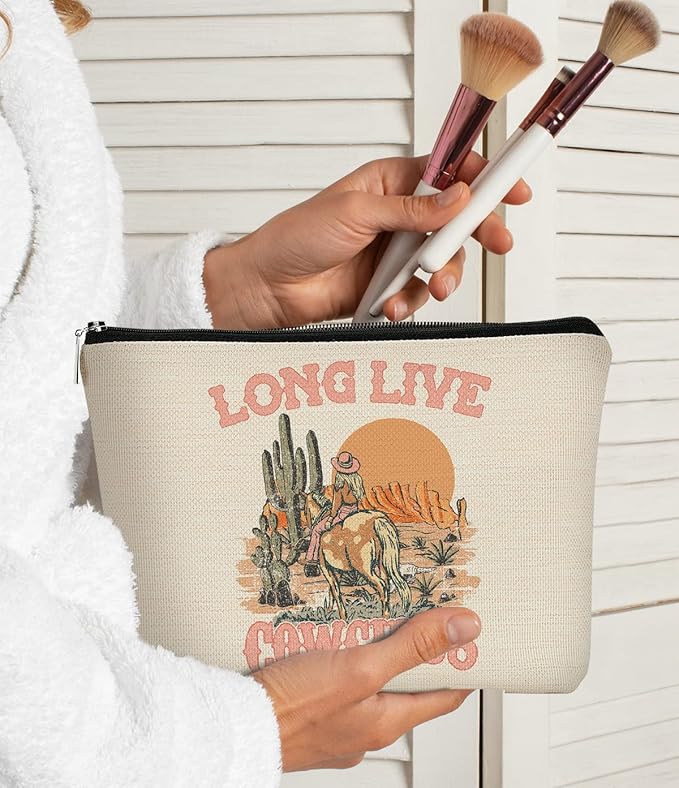 Long Live Cowgirls Makeup Bag,Retro Western Cowgirl Riding Horse Cactus Desert Cosmetic Bag Best Birthday Christmas Gift Idea for Cowgirls Teen Girls Women,Cowgirl Gifts for Girls