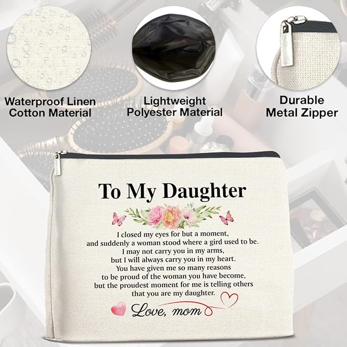 to My Daughter Makeup Bag Gifts from Mom, Gifts for Daughter Christmas Birthday, Daughters Cosmetic Bag Zipper Makeup Pouch