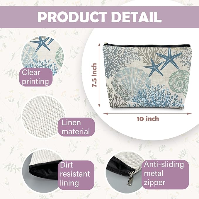 Ocean Starfish Coral Seashell Beach Makeup Bag, Marine Life Sea Animals Cosmetic Bags for Women, Beach Vacation Gifts, Ocean Themed Gifts
