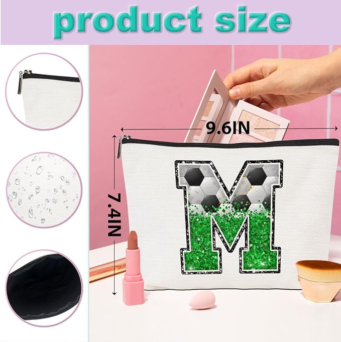 Soccer Gifts Initial Makeup Bag Monogrammed Cosmetic Bag Letter M Zipper Pouch Soccer Accessories for Girls Women Player Coach Friend Stuff Graduation Birthday Gifts