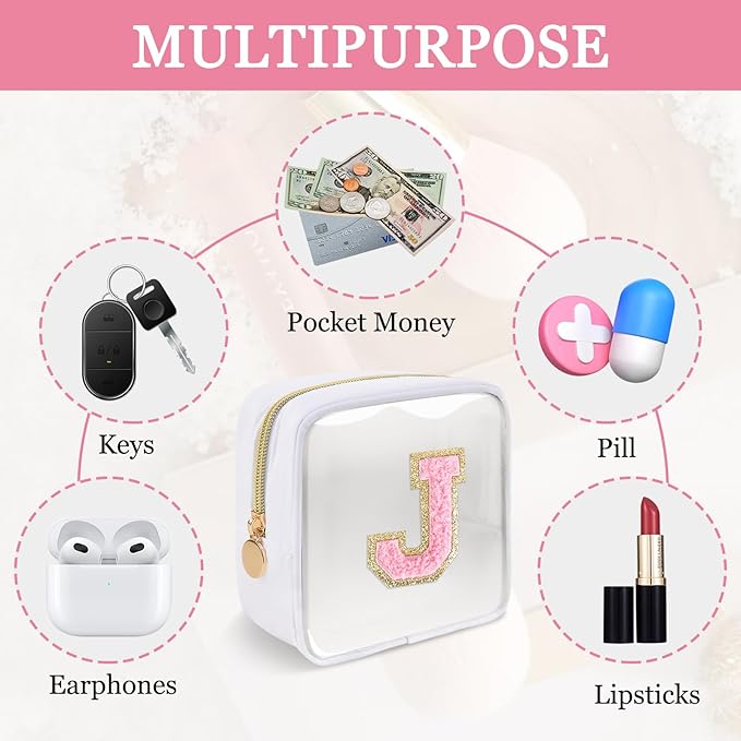 Mini Clear Personalized Initial Makeup Bag,Nylon Preppy A-Z Chenille Letter Patch Zipper Cosmetic Bag, Small Cute Beach Pouch Travel Purse Sanitary Napkin Storage Bag for Women Girls(White-Pink J)