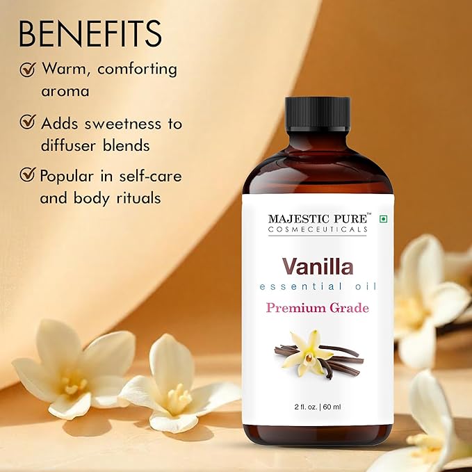 Majestic Pure Vanilla Essential Oil with Glass Dropper - 2 Fl Oz - 100% Pure and Natural Vanilla Oil - Premium Grade Essential Oils for Diffuser, Aromatherapy, Soap and Candle Making