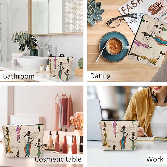 African Woman Makeup Bags Makeup Organizer, Black African Women With Vases Flax Toiletry Bags Travel Cosmetic Bag Makeup Purse Pouch Skincare Bag Wallet Bags For Women Female Mom Daughter