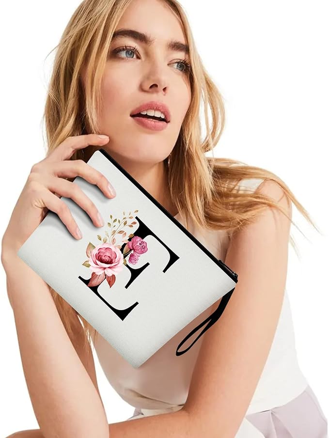 Vavabox A-Z Personalized Makeup Bag, Birthday Gifts for Women Mom, Gifts for Best Friend, Bride Bridesmaid Cosmetic bag (E, White)