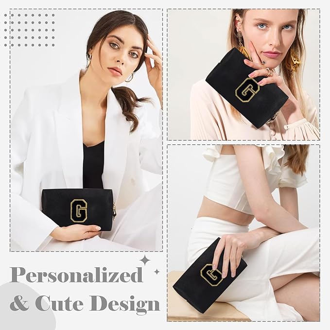 Personalized Initial A-Z Preppy Patch Makeup Bag,Small PU Chenille Letter Cosmetic Bag with Zipper for Teen Girls,Black Cute Toiletry Organizer Bag,Monogram Makeup Case Gift for Women Girls,Letter G