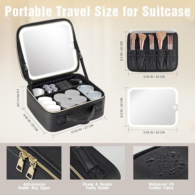 Makeup Bag with Mirror and Light, Travel Makeup Train Case with LED Lighted Removable Mirror, Portable Cosmetic Organizer Make up Bag with 3 Colors Dimming Light, Adjustable Dividers & Brush Board