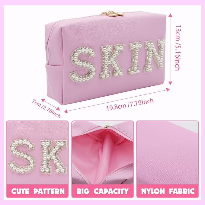 2PCS Preppy makeup bag Pearl letter Cosmetic Double Zipper Waterproof Ladies Storage Purse Care Shower Products Handbag Wash Organizer Leather Portable Girls Travel Accessories