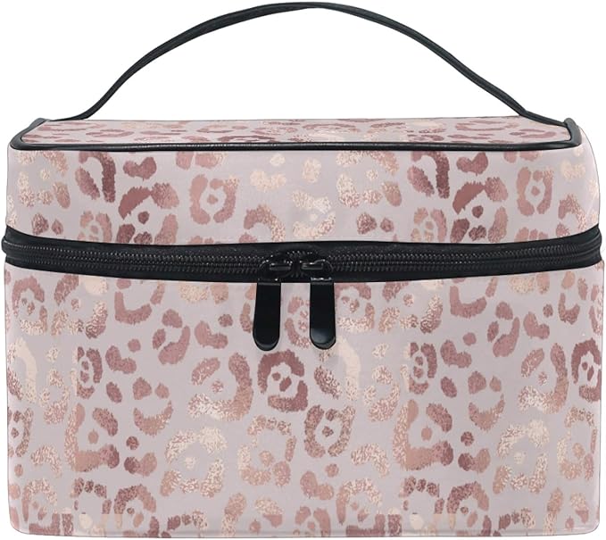 Makeup Bag, Rose Gold Leopard Travel Makeup Organizer Bag Cosmetic Cases Toiletry Bags for Girl Women Ladies