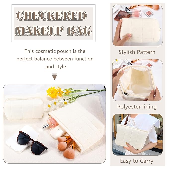 ZLFSRQ 2Pcs Makeup Bag for Women Trendy Large Capacity Cosmetic Bags Plush Pencil Case White Checkered Pouch for Purse Coquette Zippered Toiletry Bag Organizer Y2K Aesthetic Pencil Pouch
