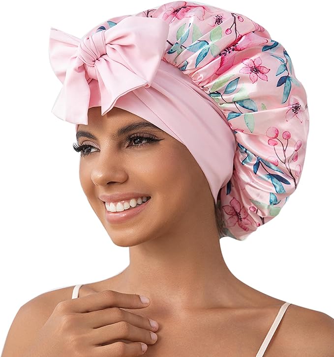 GDTOGRT Satin Silk Bonnet for Sleeping Women - Double Layer Sleep Hair Bonnets Caps for Curly Braid Hair with Tie Band