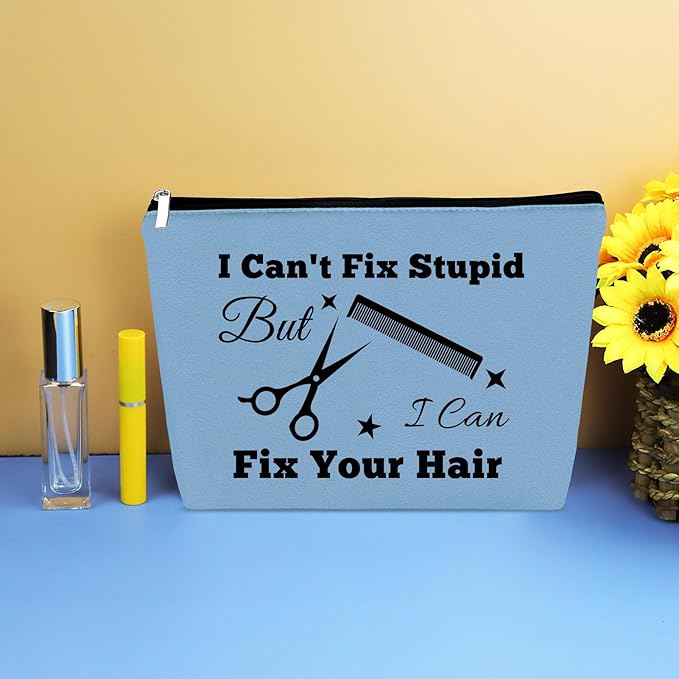 Hairdresser Gifts Hair Stylist Makeup Bag Hairstylist Present Cosmetic Bags Funny Hair Dresser Gift Christmas Graduation Birthday Present for Hairdresser Barber Salon Blue Cosmetic Pouch Makeup Case
