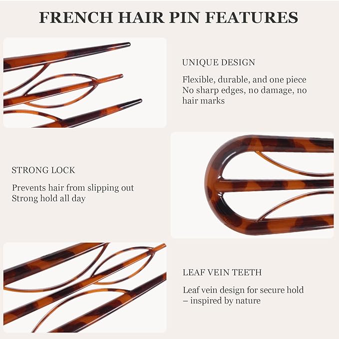 Sunolga 6PCS French Hair Pins for Women, French Pins Hair, Large Hair Styling Pins for Thin Thick Hair, Unique 3 Internal Teeth Hair Sticks Hairpin（leopard print）