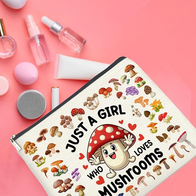 Mushroom Gifts Makeup Bag Mushroom Gifts for Women Teen Girls Sister Friend, Mushroom Lovers Gifts, Just a Girl Who Loves Mushrooms Zipper Makeup Pouch
