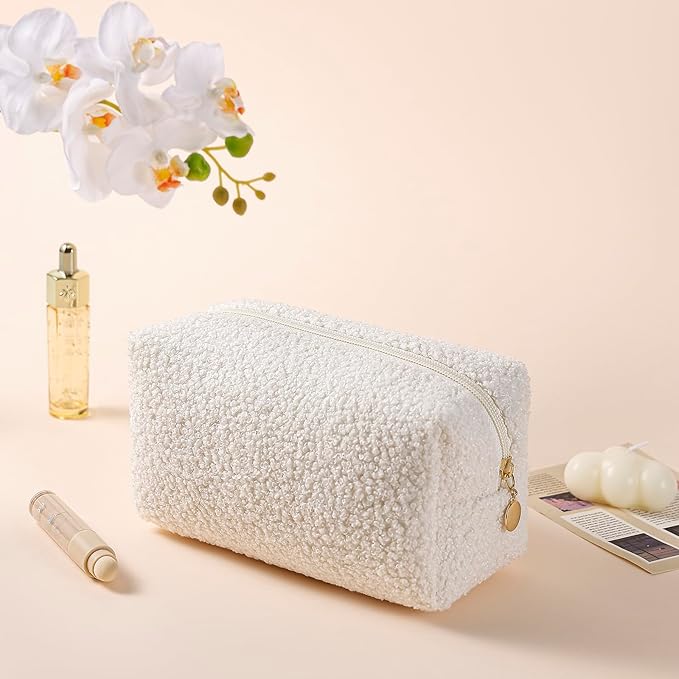 JOVAKIT Travel Makeup Bag Cosmetic Bag for Women, Fashion Christmas Gifts, Plush Zipper Make Up Pouch, Large Capacity Toiletry Organizer Makeup, Portable Storage Bag Trendy Stuff (White)