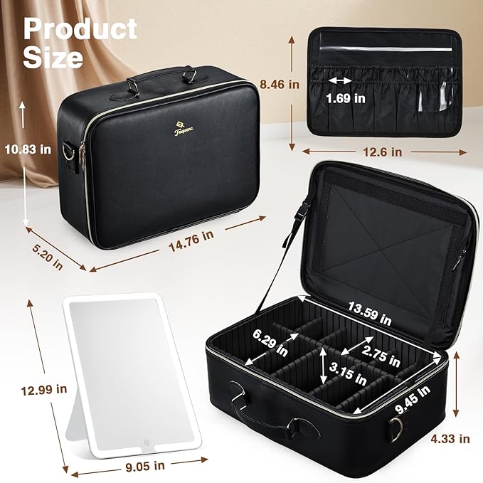 Large Makeup Bag with LED Mirror,Travel Cosmetic Train Case for Makeup Artists,Makeup Organizer Case with Divider Rechargeable Vanity Mirror with 3 Color Lights for Barber,MUA,Nail Tech, Black