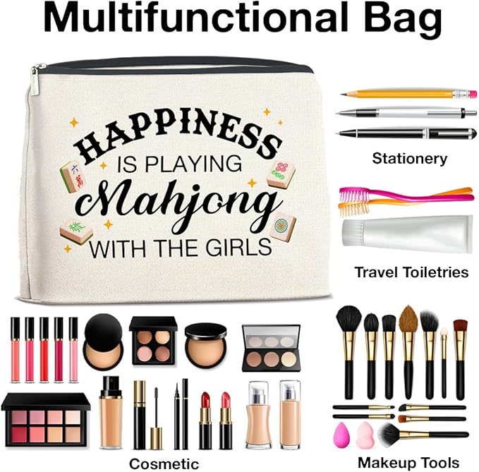 Mahjong Lovers Makeup Bag - Mahjong Gifts for Players - Happiness Is Playing with the Girls - Cosmetic Bag Zipper Makeup Pouch