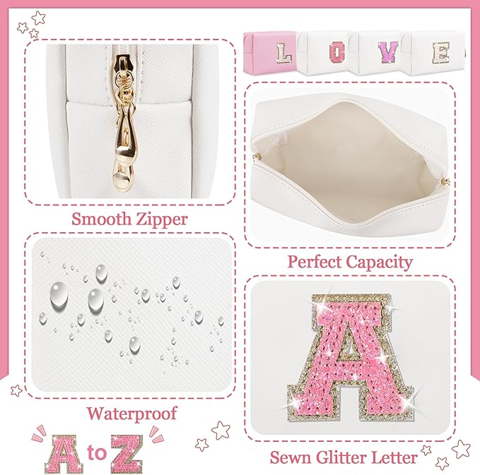 Personalized Initial Letter Makeup Bag, Preppy Glitter Letter Patch Cosmetic Pouch Zipper,PU Waterproof Travel Toiletry Bag Cute Makeup Organizer Monogrammed Make Up Bag,Gift for Women Girls(Letter A)